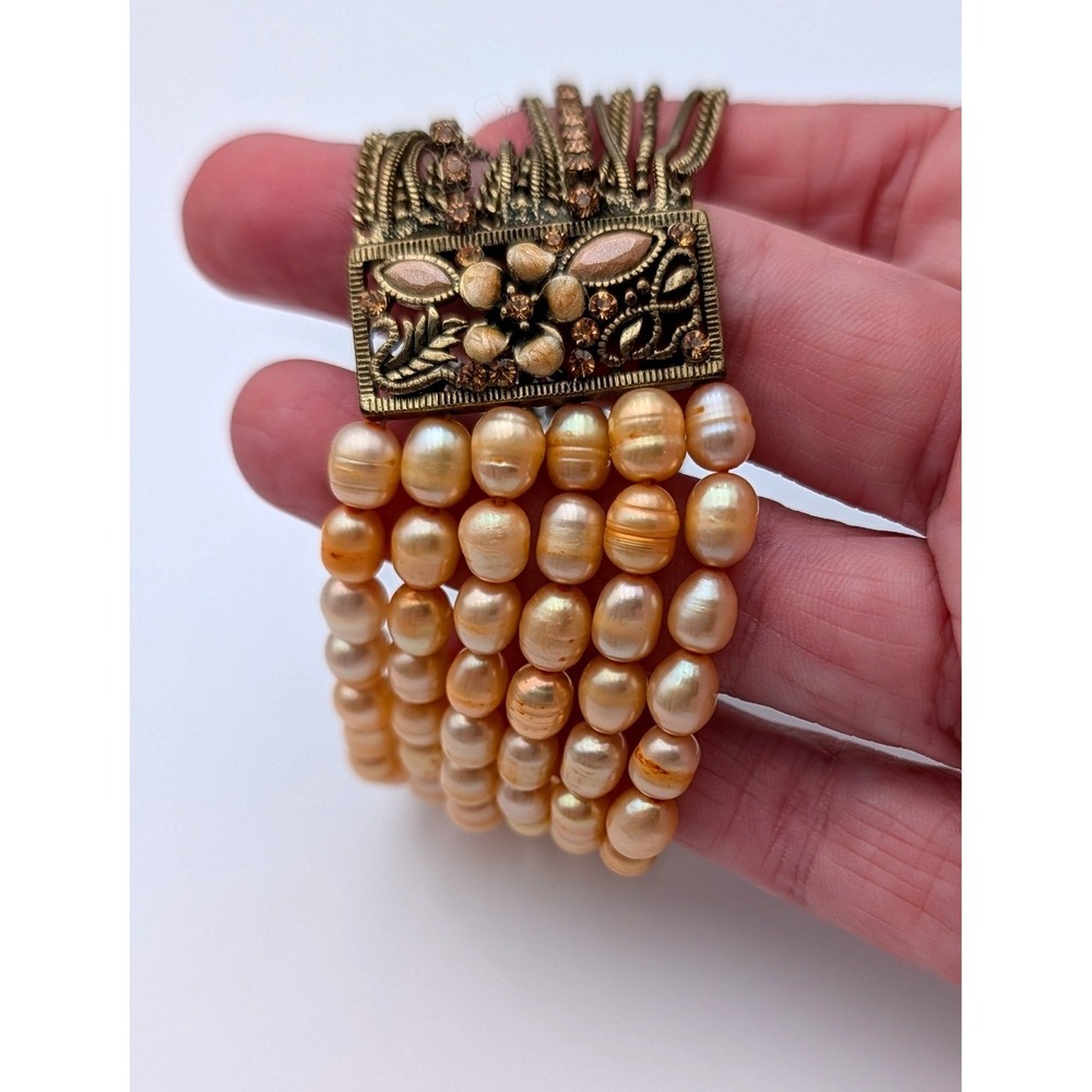 Vintage Style 5-Strand Peach Freshwater Pearl Bracelet Bronze Floral Clasp